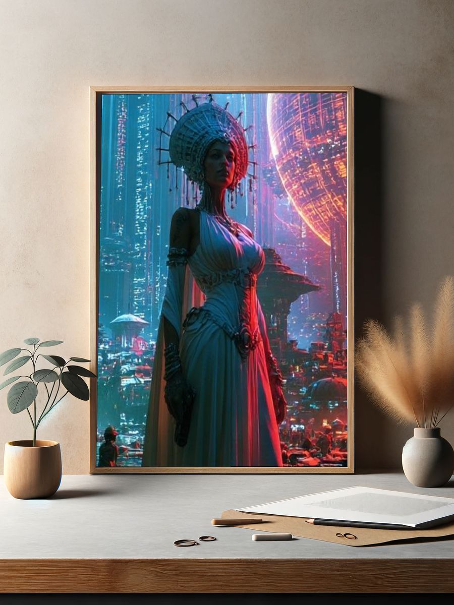 Futuristic City Goddess Illustration Poster. — room view 2