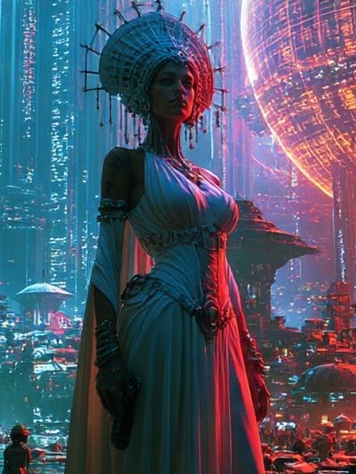 Futuristic City Goddess Illustration Poster.