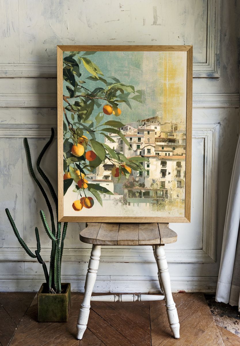 Mediterranean Citrus Village Illustration Print. room preview