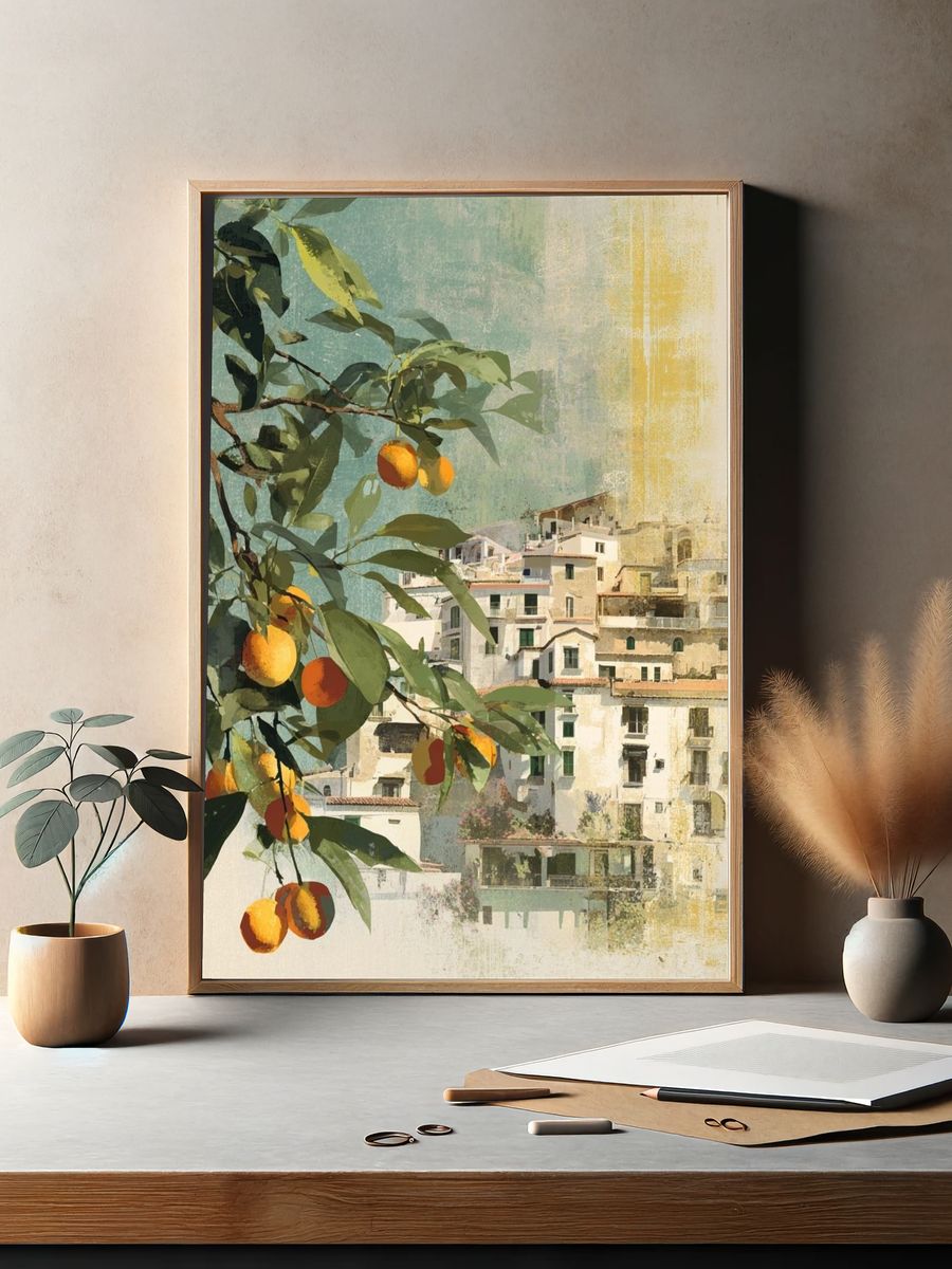 Mediterranean Citrus Village Illustration Print. — room view 2
