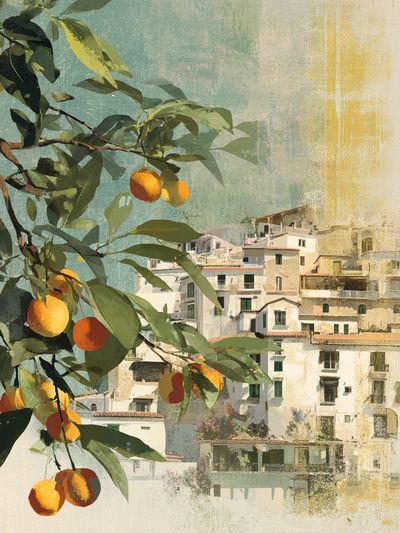 Mediterranean Citrus Village Illustration Print.