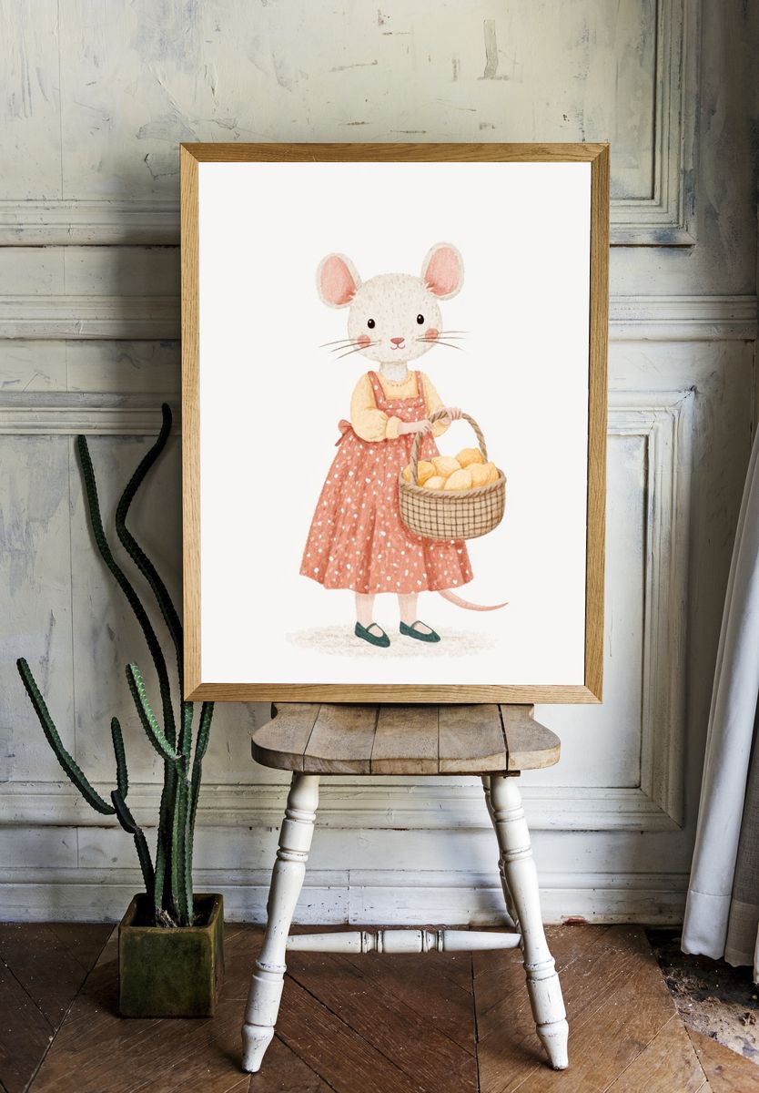 Mouse with Basket Watercolor Print. room preview