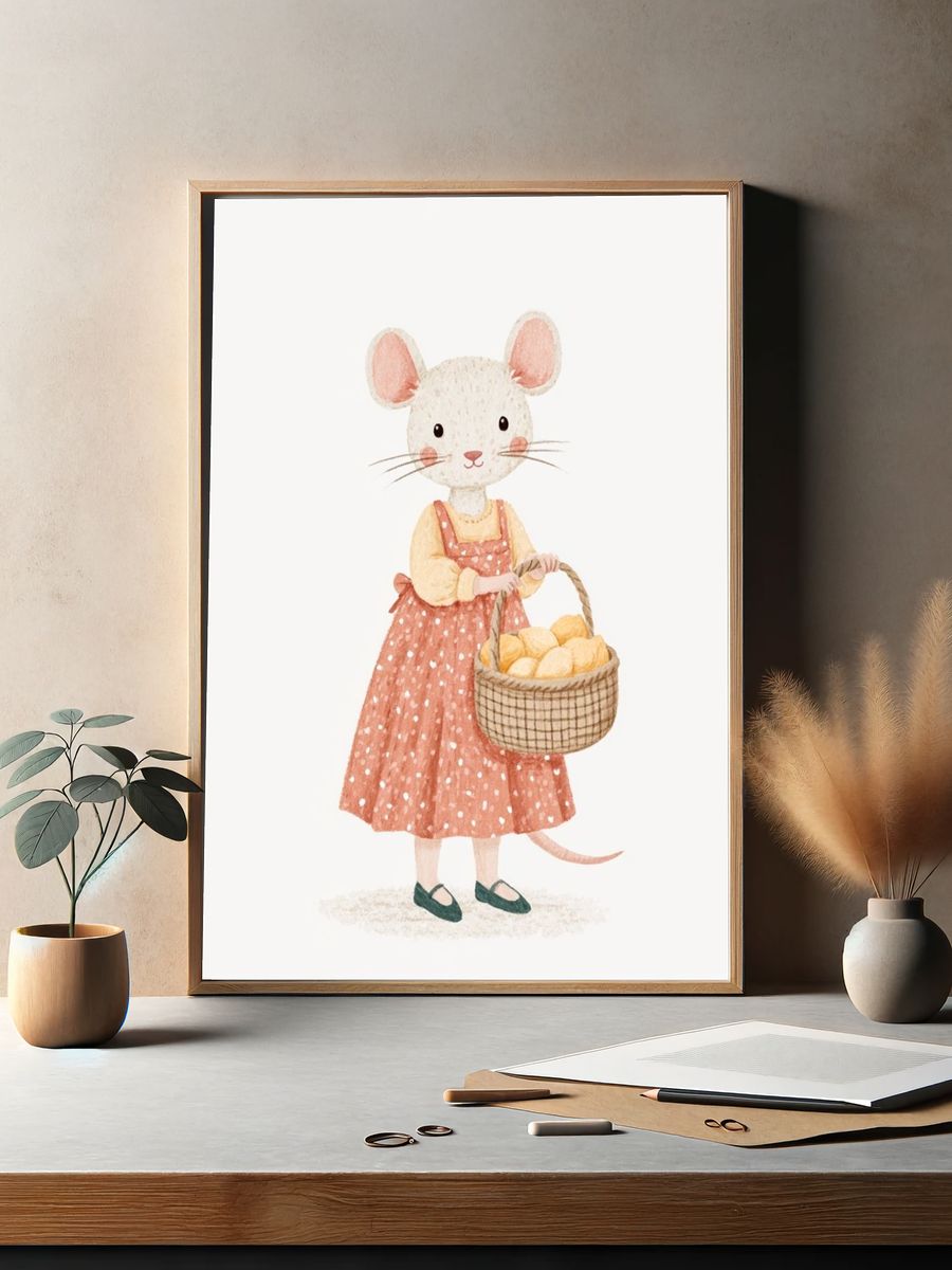Mouse with Basket Watercolor Print. — room view 2