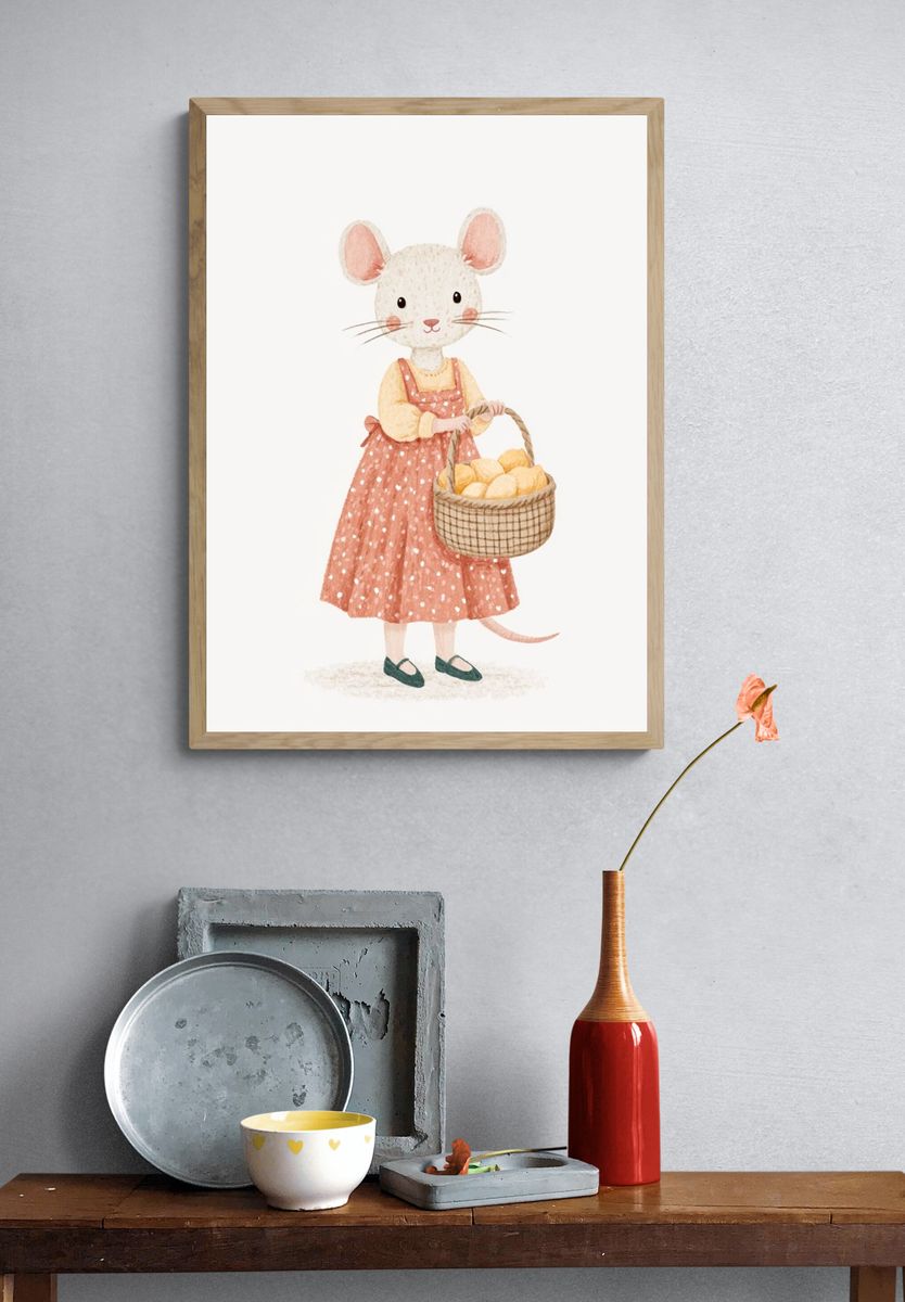 Mouse with Basket Watercolor Print. — room view 3