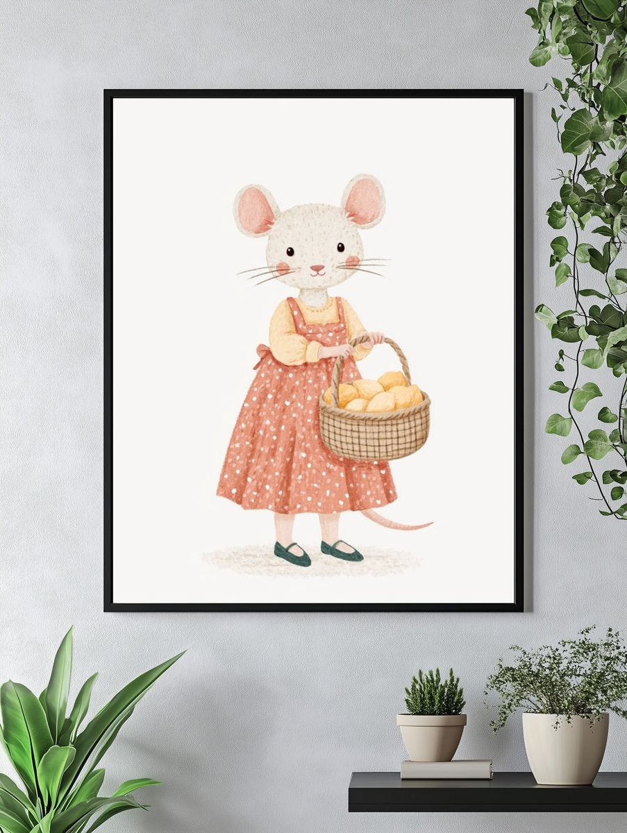 Mouse with Basket Watercolor Print. — room view 4