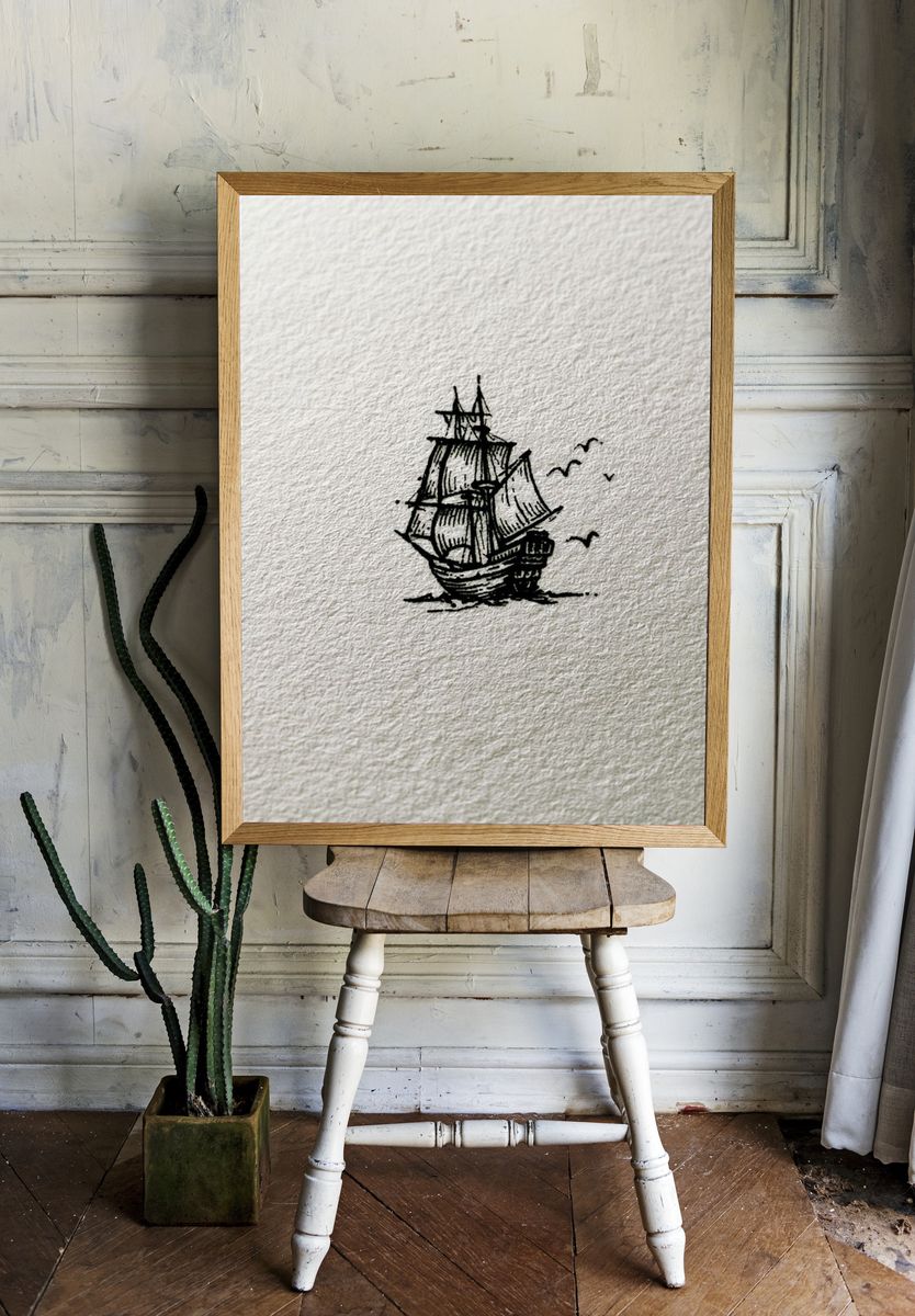 Sailing Ship Ink Print. room preview