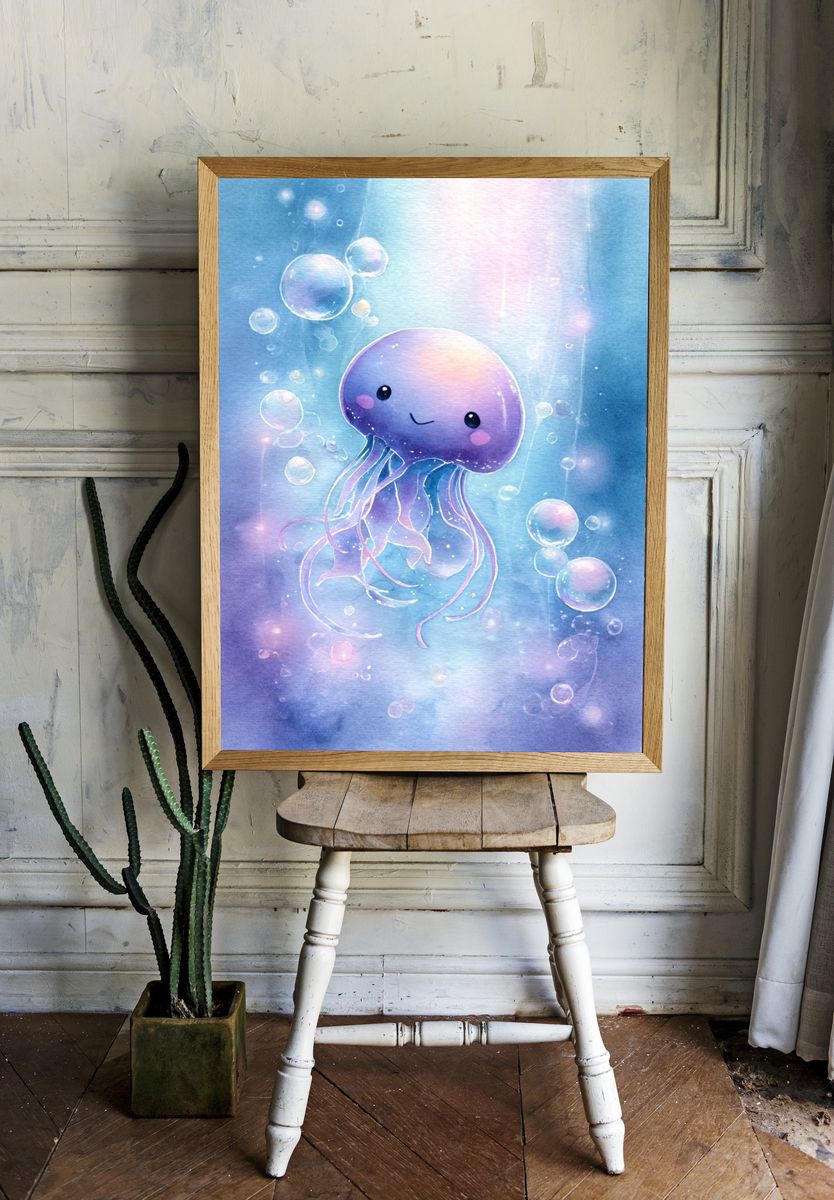 Cute Jellyfish Watercolor Poster. — room view 1