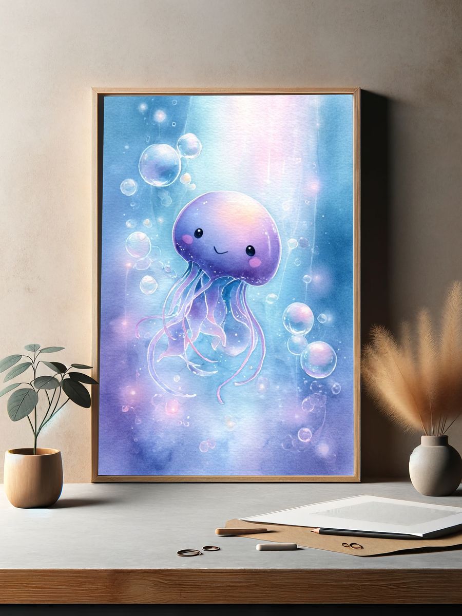 Cute Jellyfish Watercolor Poster. — room view 2