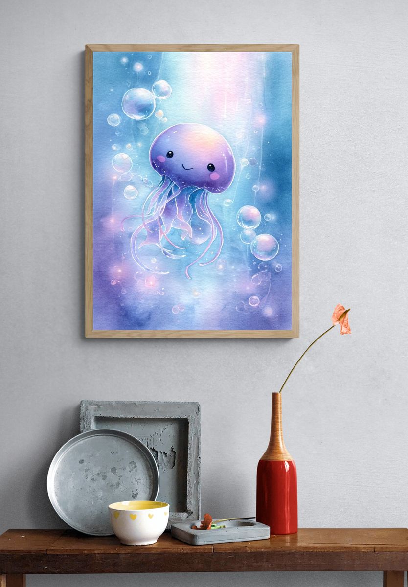 Cute Jellyfish Watercolor Poster. — room view 3