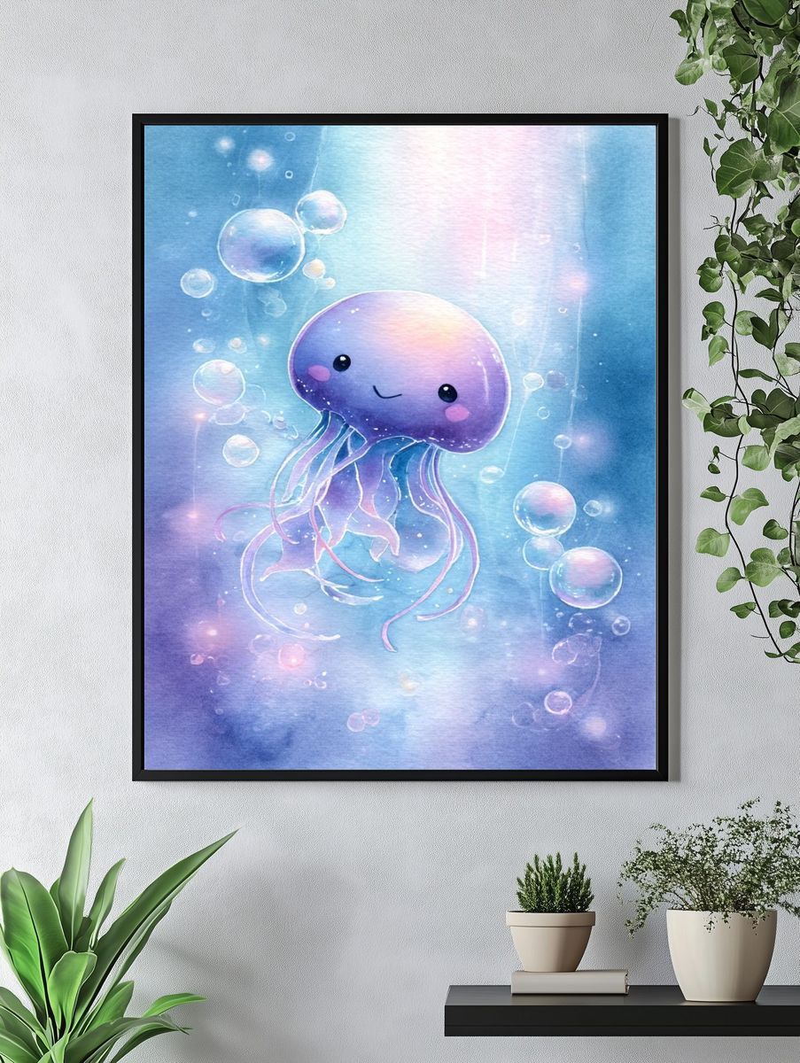 Cute Jellyfish Watercolor Poster. — room view 4