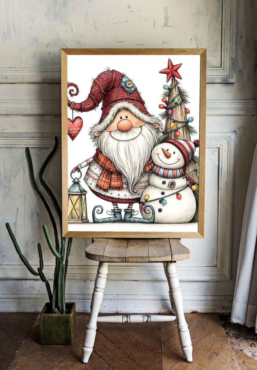 Christmas Gnome and Snowman Illustration Poster. room preview