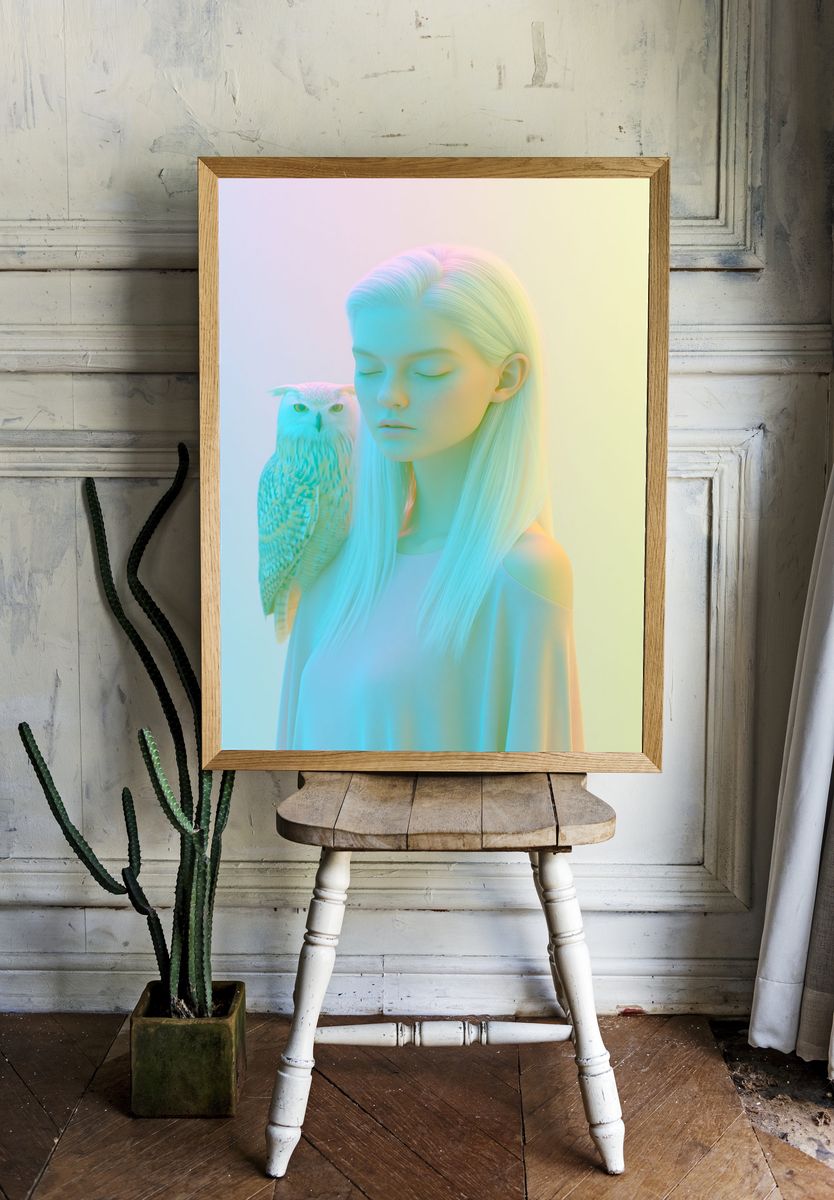Pastel Girl and Owl Portrait Print. — room view 1