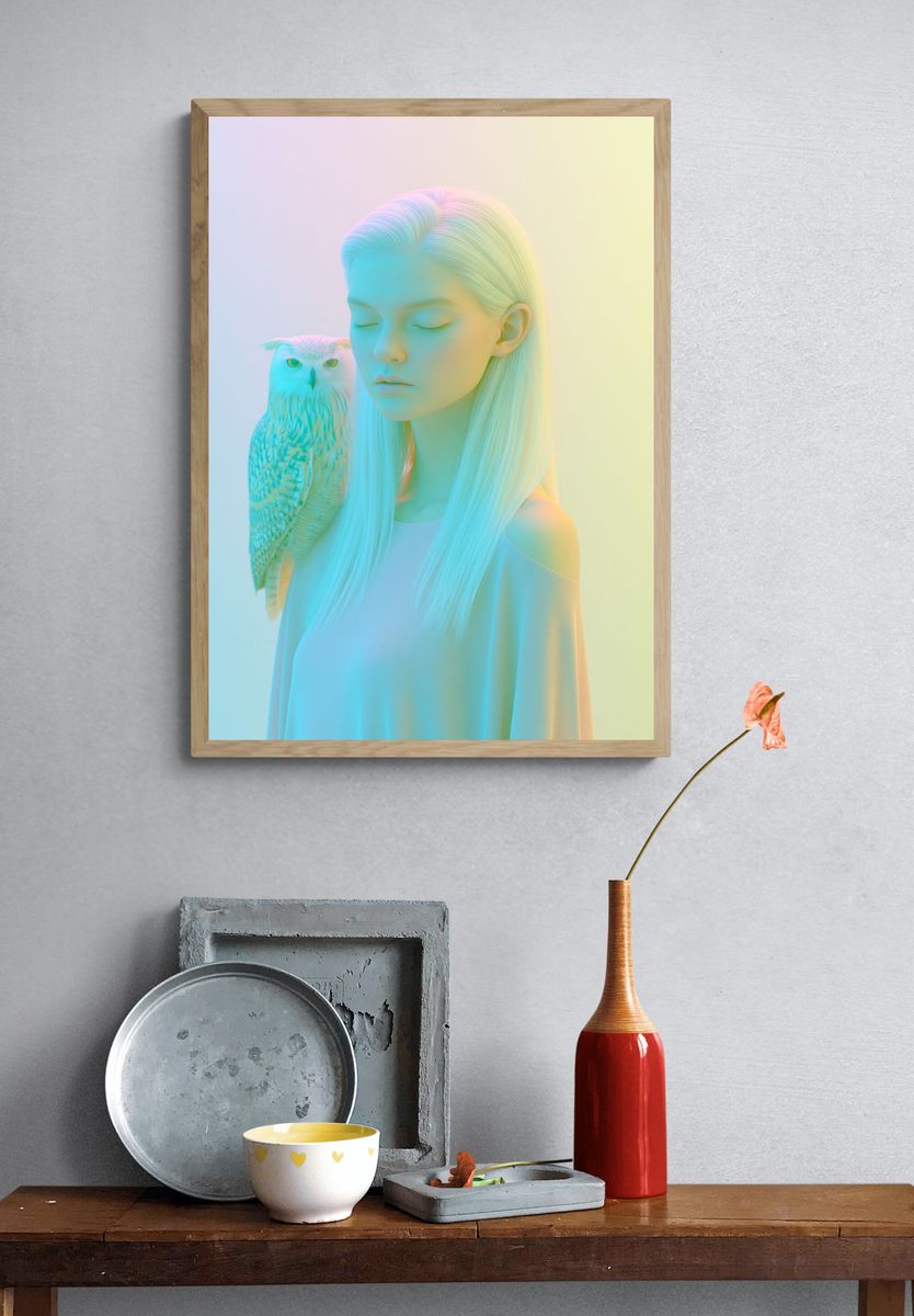 Pastel Girl and Owl Portrait Print. — room view 3