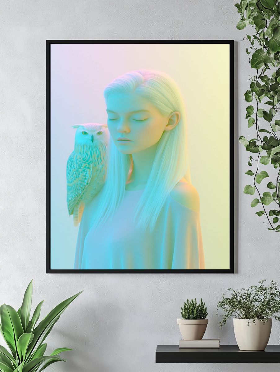 Pastel Girl and Owl Portrait Print. — room view 4