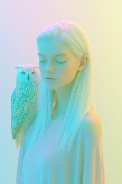 Pastel Girl and Owl Portrait Print. poster