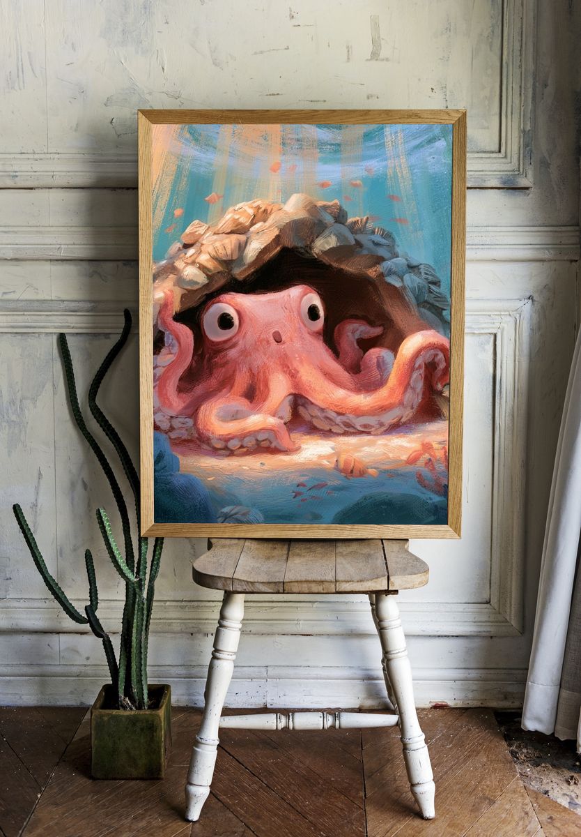 Octopus Reef Hideaway Illustration Poster. room preview