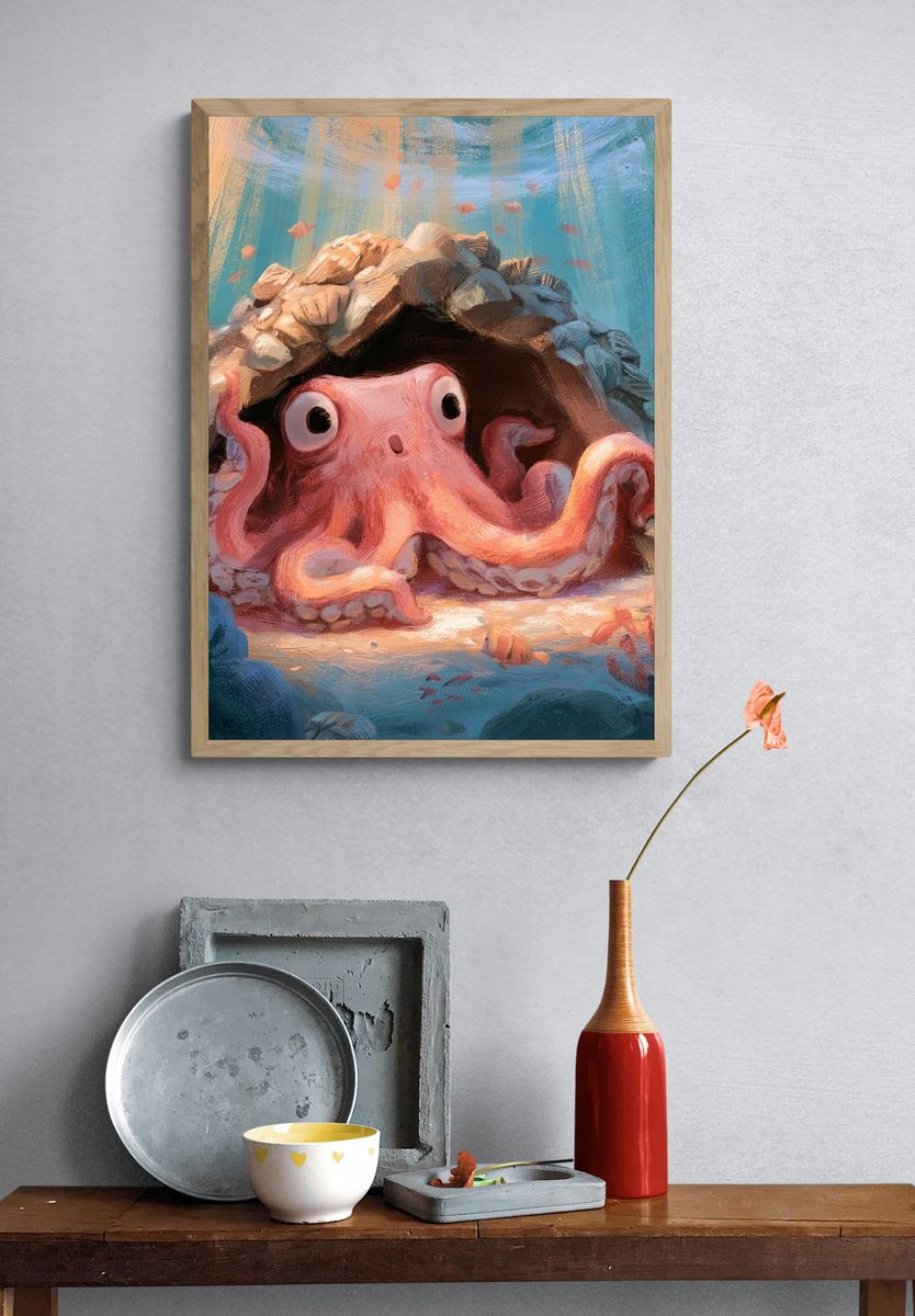 Octopus Reef Hideaway Illustration Poster. — room view 3