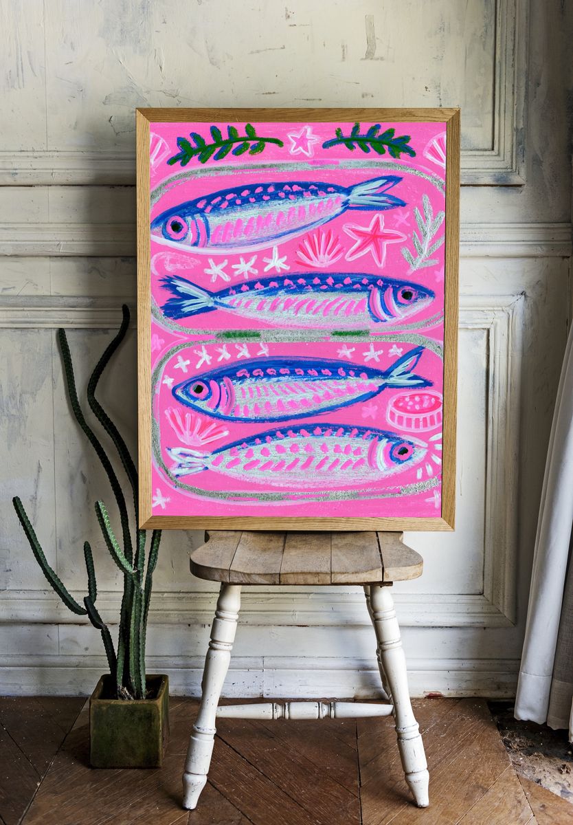 Pink Fish Folk Art Poster. room preview