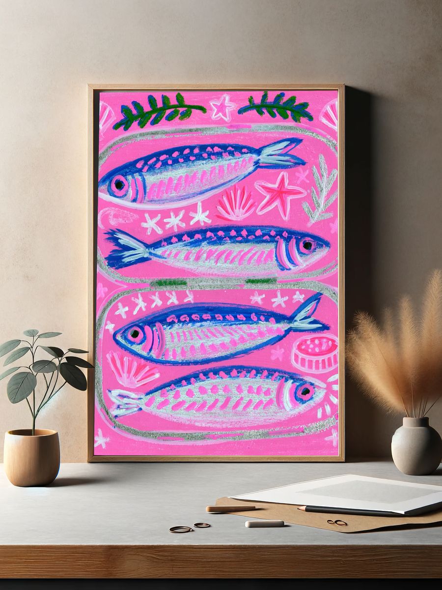Pink Fish Folk Art Poster. — room view 2