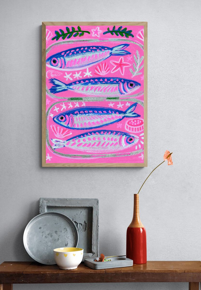 Pink Fish Folk Art Poster. — room view 3
