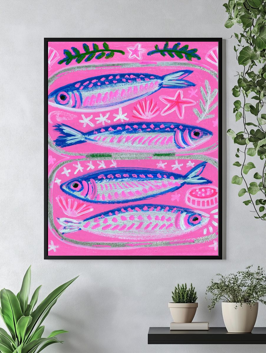 Pink Fish Folk Art Poster. — room view 4
