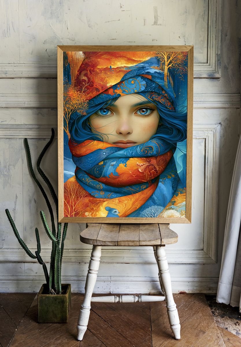 Blue-Eyed Winter Portrait Illustration Poster. room preview