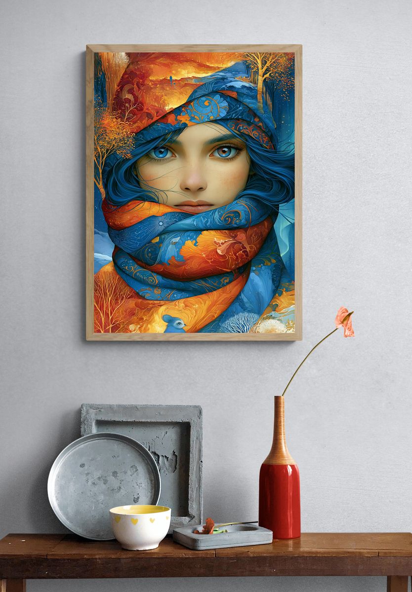 Blue-Eyed Winter Portrait Illustration Poster. — room view 3