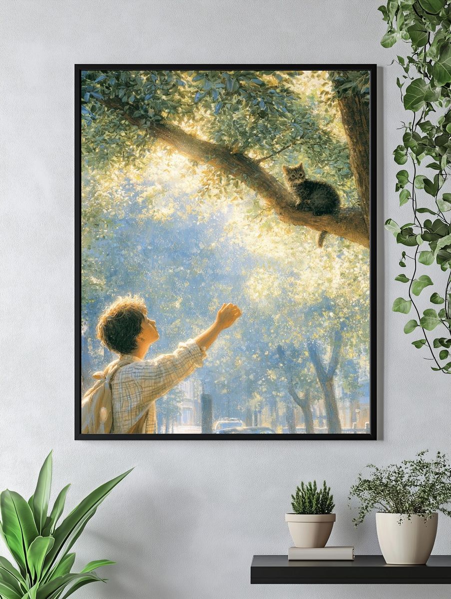 Sunlit Cat in Tree Illustration Poster. — room view 4
