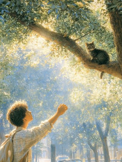 Sunlit Cat in Tree Illustration Poster.