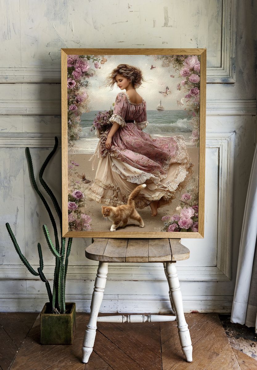 Floral Seaside Woman Illustration Poster. — room view 1