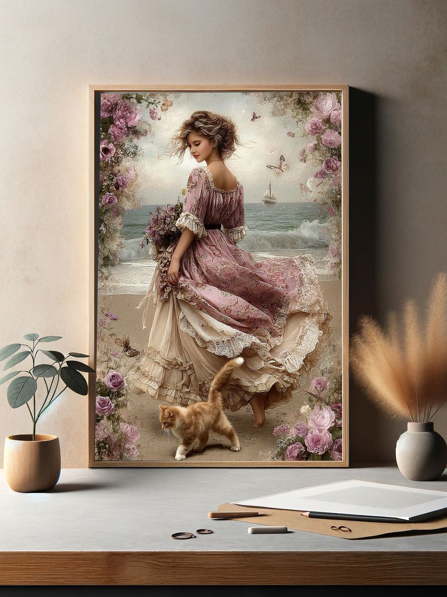 Floral Seaside Woman Illustration Poster. — room view 2