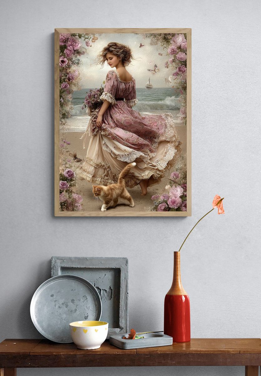 Floral Seaside Woman Illustration Poster. — room view 3