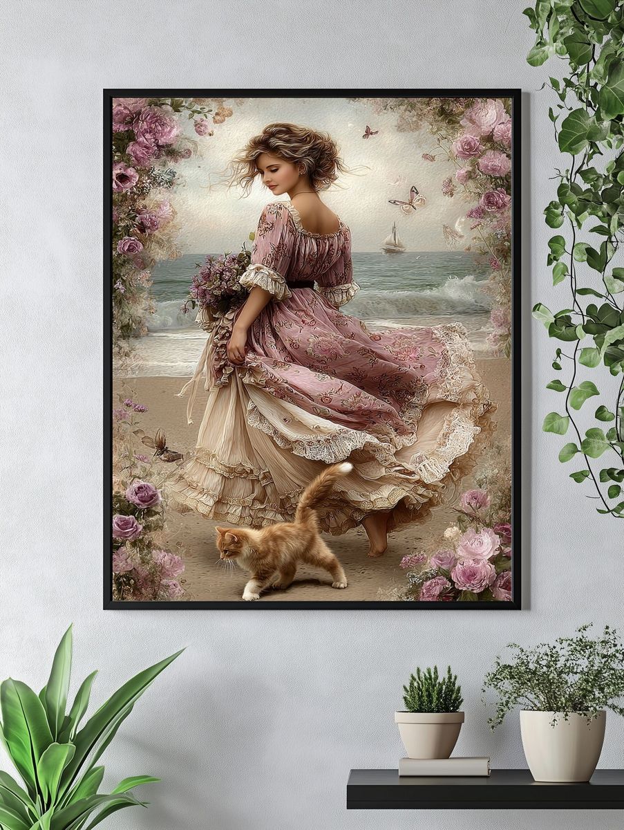 Floral Seaside Woman Illustration Poster. — room view 4