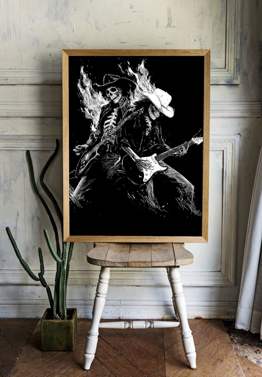 Skeleton Guitarist — Rock Illustration Print. room preview