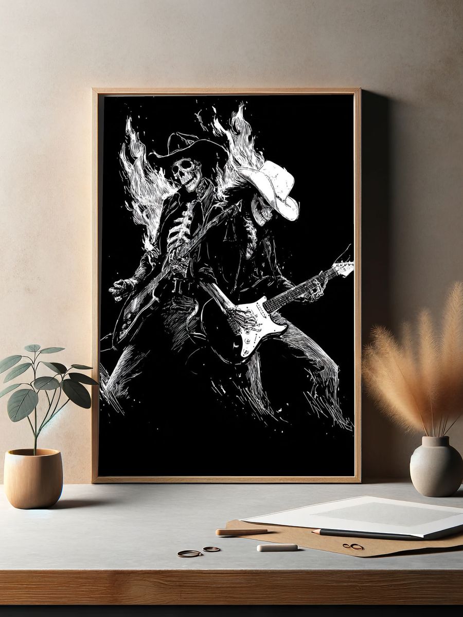 Skeleton Guitarist — Rock Illustration Print. — room view 2