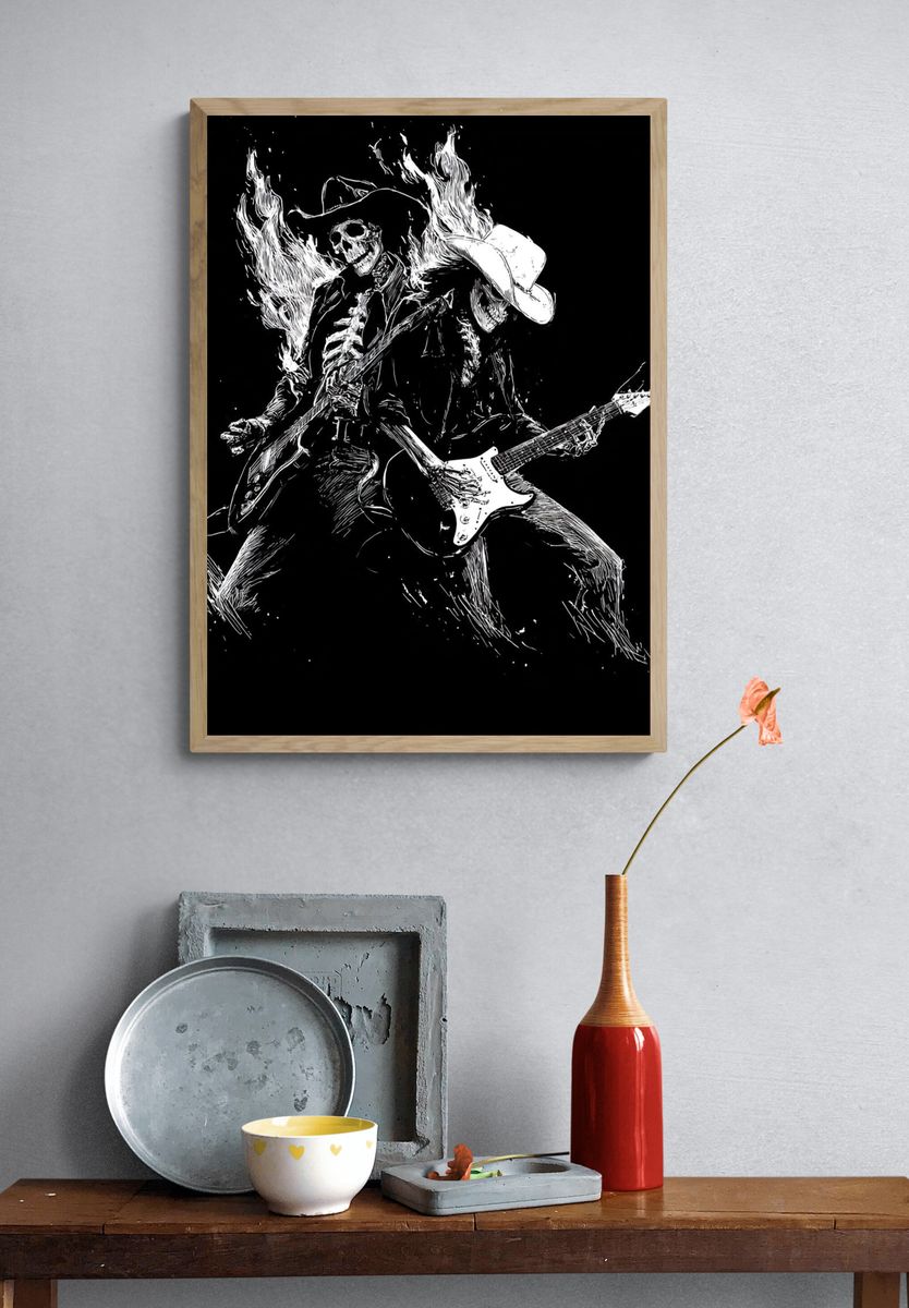 Skeleton Guitarist — Rock Illustration Print. — room view 3