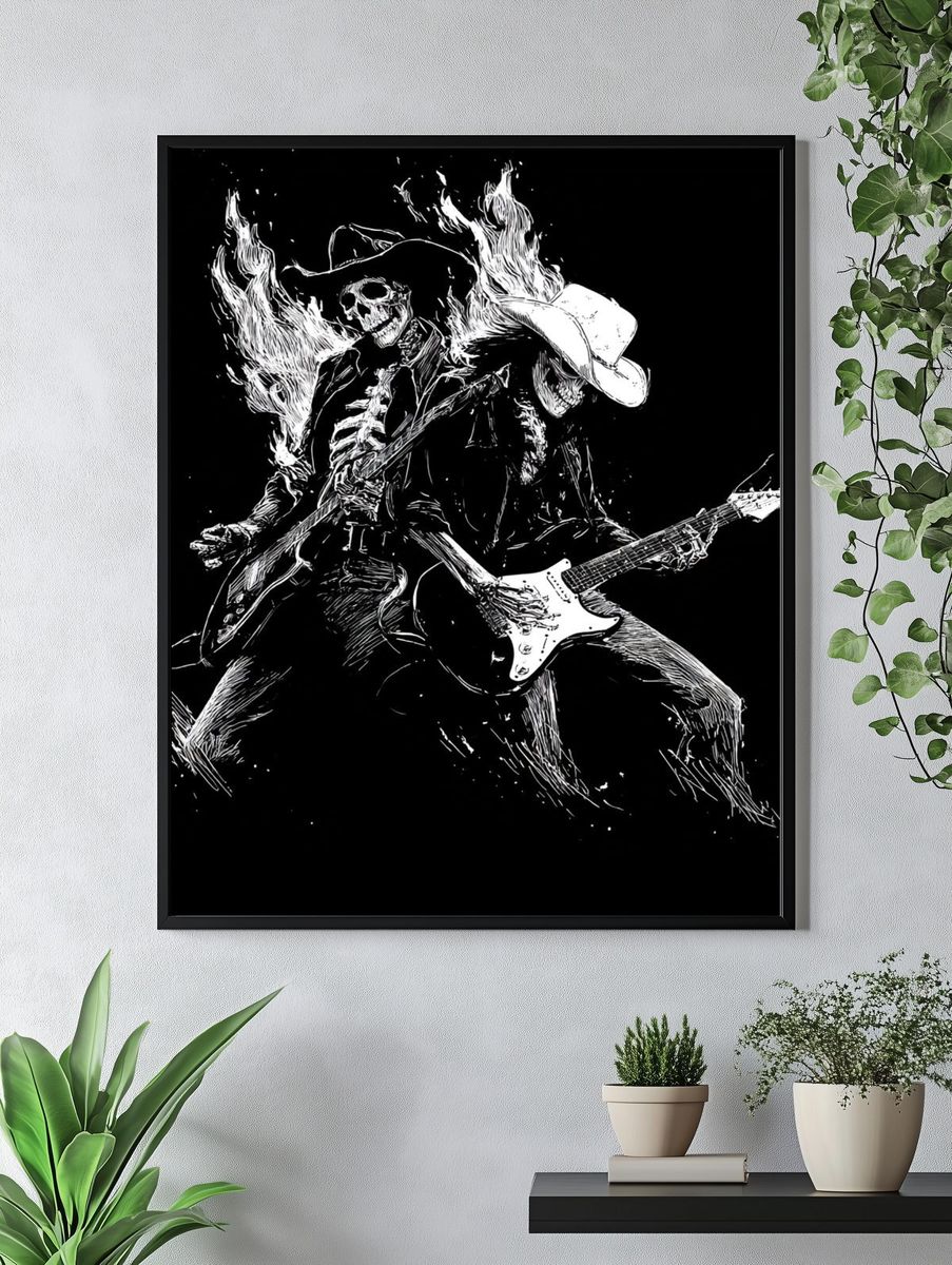 Skeleton Guitarist — Rock Illustration Print. — room view 4