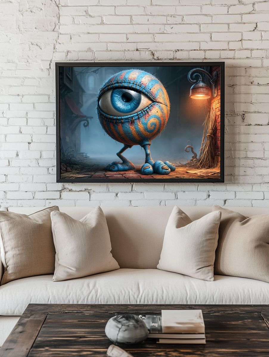 Surreal Blue Eyeball Creature Poster. — room view 1