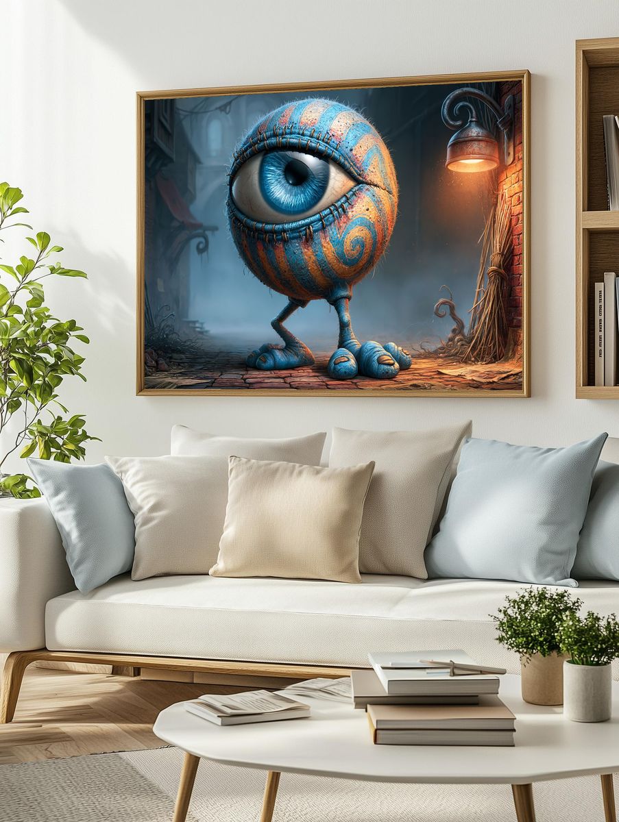 Surreal Blue Eyeball Creature Poster. — room view 2