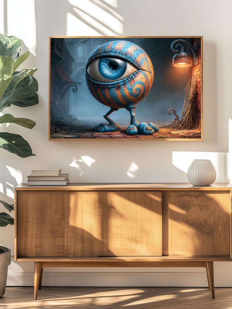 Surreal Blue Eyeball Creature Poster. — room view 3