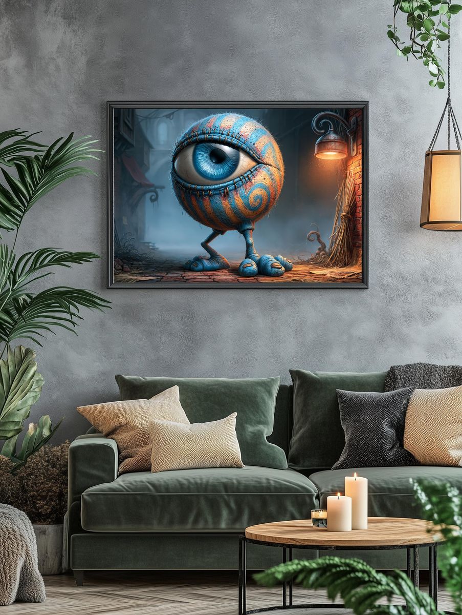 Surreal Blue Eyeball Creature Poster. — room view 4