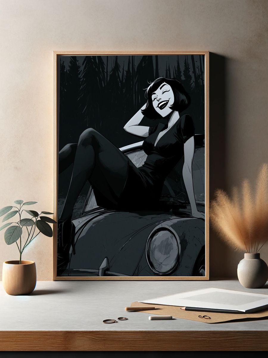 Gothic Pin-Up Car Illustration Poster. — room view 2