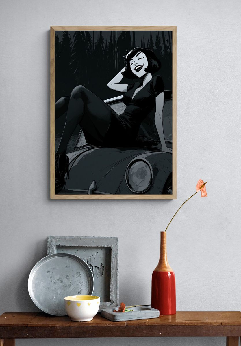 Gothic Pin-Up Car Illustration Poster. — room view 3