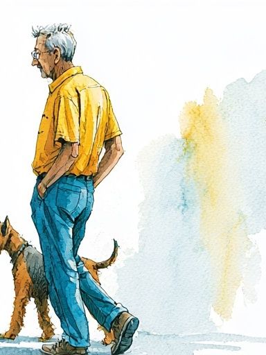 Man with Dog Watercolor Print. poster — illustration art