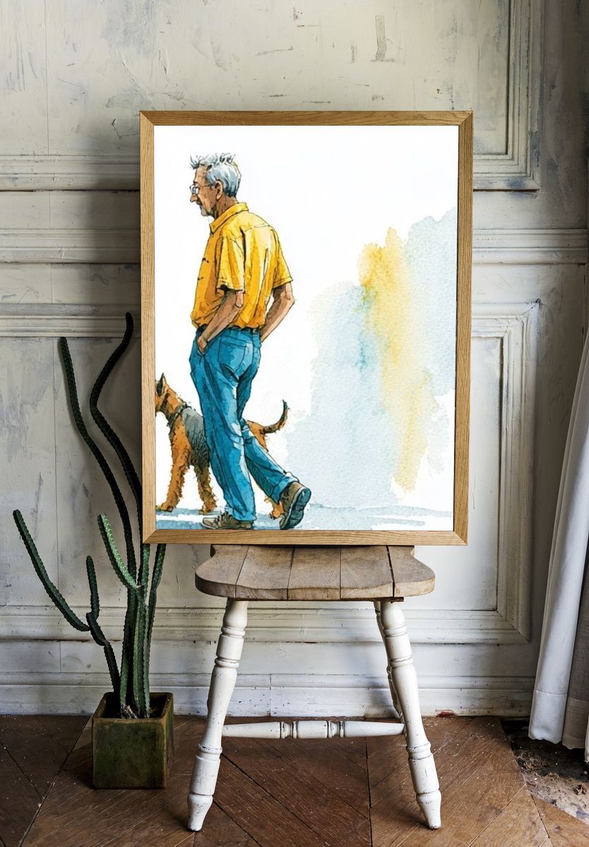 Man with Dog Watercolor Print. — room view 1
