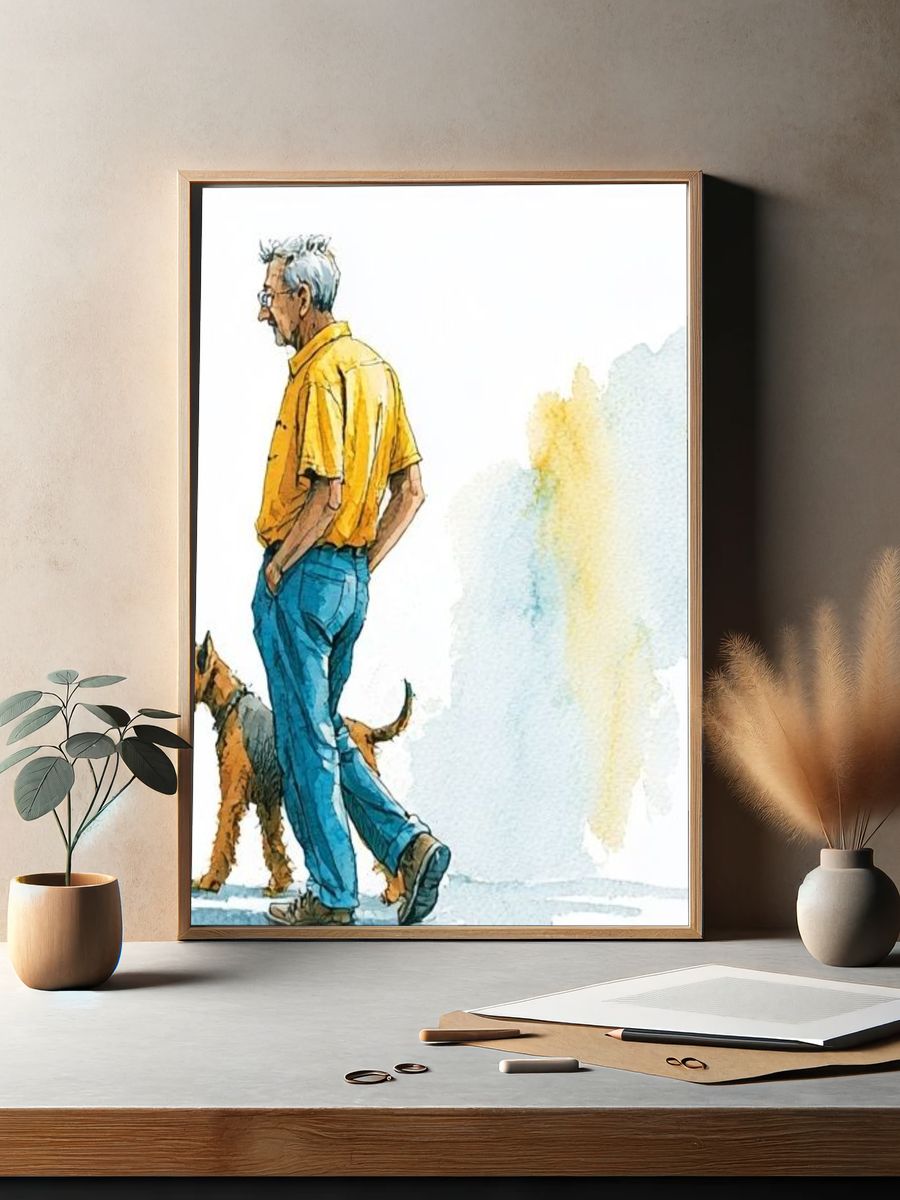 Man with Dog Watercolor Print. — room view 2