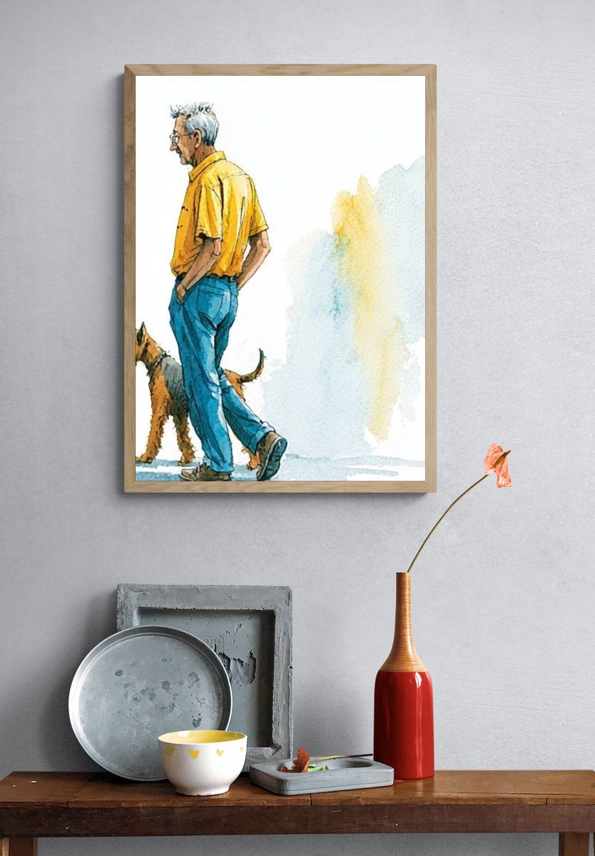 Man with Dog Watercolor Print. — room view 3