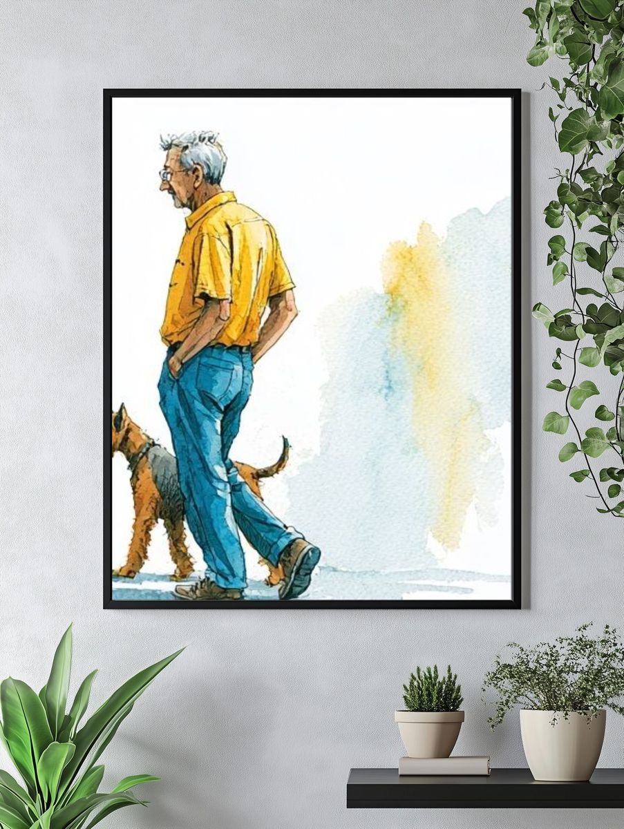 Man with Dog Watercolor Print. — room view 4