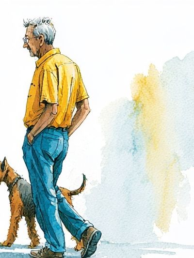 Man with Dog Watercolor Print. poster