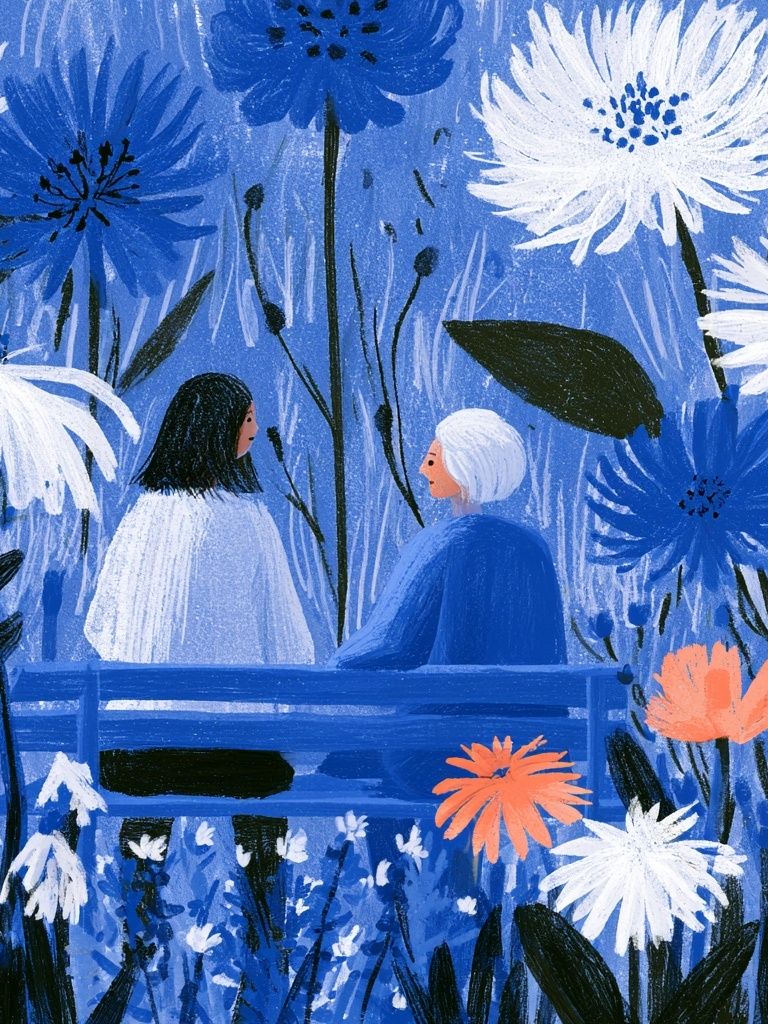 Blue Garden Conversation Illustration Poster. poster detail